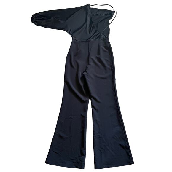 ASOS One Shoulder Jumpsuit 8 MED Black Satin Flare Cowlneck Wide Leg Going Out - Picture 4 of 11